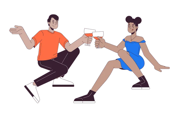 Interracial Couple Glasses Clinking 2 D Linear Cartoon Characters Toasting Drinks Wineglasses 2 Young Adults Isolated Line Vector People White Background Cheers Wine Color Flat Spot Illustration Illustration