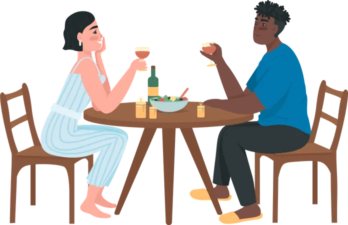 Interracial Couple On Romantic Date Flat Color Vector Faceless Characters Man And Woman Sit At Table And Drink Wine People In Love Isolated Cartoon Illustration For Web Graphic Design And Animation Illustration