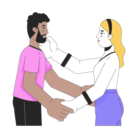 Interracial Heterosexual Lovers Embrace 2 D Linear Cartoon Characters Affectionate Sweethearts Isolated Line Vector People White Background Intimate Bonding Relationship Color Flat Spot Illustration Illustration