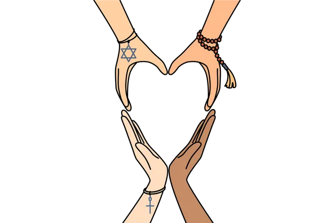 Interreligiöse Freundschaft demonstriert durch herzförmige Hände mit Zeichen aus dem Islam und dem Christentum  Illustration