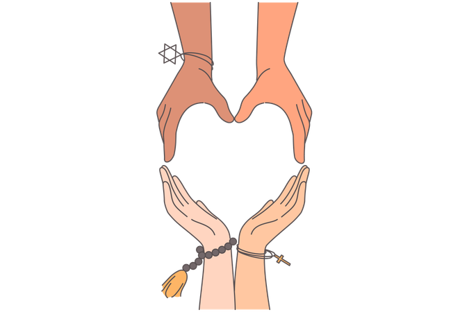 Interreligious harmony and friendship of different people together making heart sign from hands  Illustration