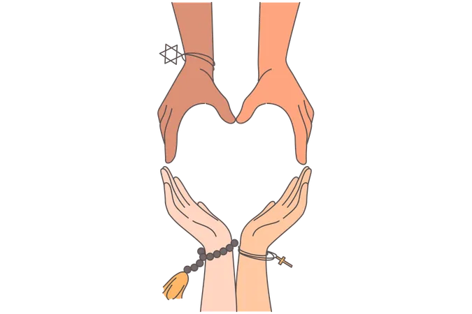 Interreligious harmony and friendship of different people together making heart sign from hands  Illustration