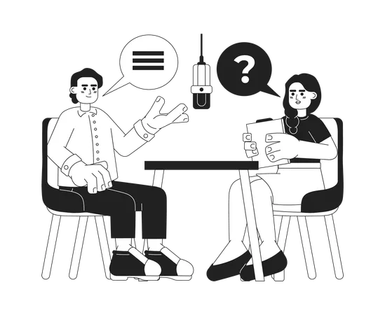 Interview Podcast Black And White Cartoon Flat Illustration Indian Adult Woman Interviewer Asking Question Interviewee Linear 2 D Characters Isolated Host Guest Talks Monochromatic Scene Vector Image Illustration