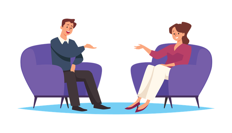 Interview two people talking sit in armchairs  Illustration