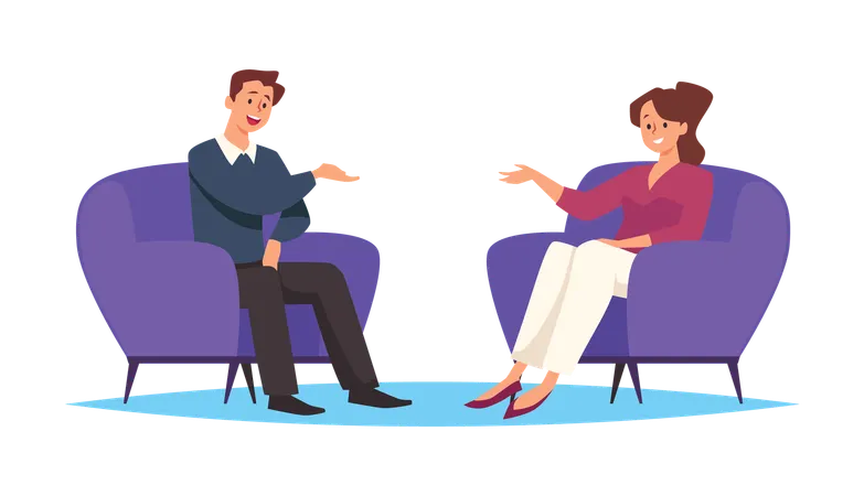Interview two people talking sit in armchairs  Illustration