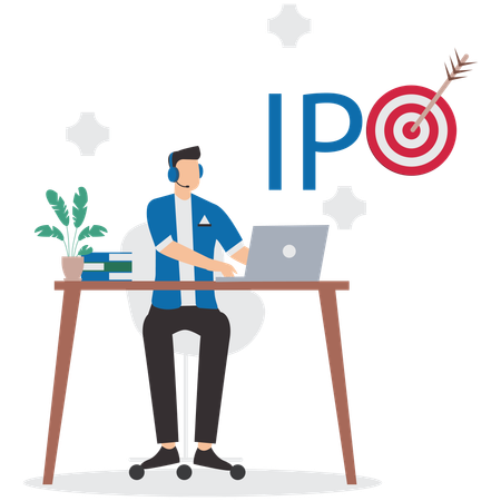 IPO, introduction en bourse, un homme d'affaires met en place une stratégie d'investissement à l'aide d'un ordinateur portable  Illustration