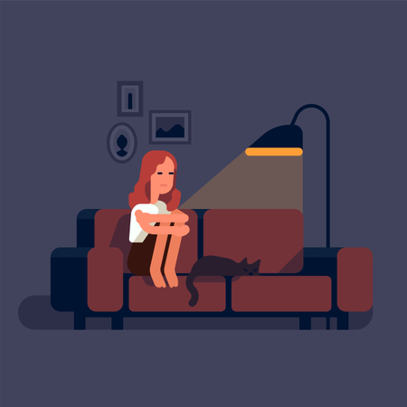 Introspecção e exame de sentimentos com uma mulher triste e deprimida sentada em um sofá segurando os joelhos com um gato dormindo ao lado dela  Ilustração