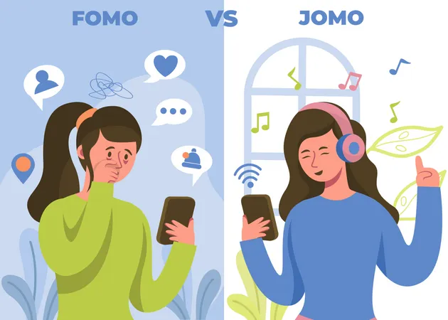 FOMO Or The Fear Of Missing Out Is A Phenomenon That Many People Experience On A Daily Basis Its Recently Been Discovered That JOMO Or The Joy Of Missing Out Is Becoming Far More Commonplace イラスト