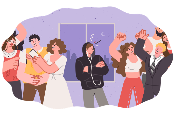 Introvert man stands alone in disco with dancing people and embarrassed to participate in party  Illustration