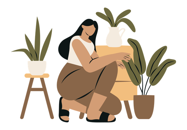 Introverted Woman and Plants  Illustration