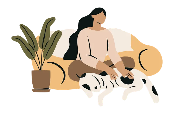 Introverted Woman Playing with Dog  Illustration