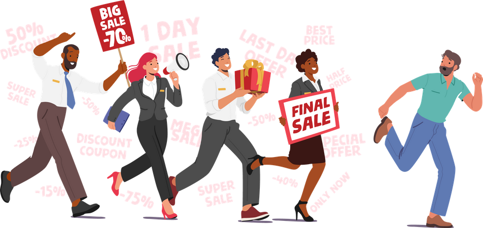 Intrusive Sellers Characters Announce Promotions Chase Escaping Buyer  Illustration