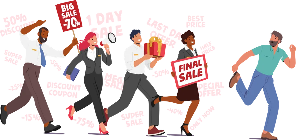 Intrusive Sellers Characters Announce Promotions Chase Escaping Buyer  Illustration