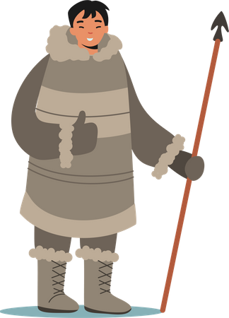 Inuit Hunter Wearing Traditional Clothes Illustration