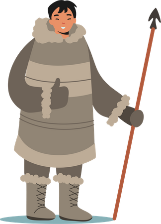 Inuit Hunter Wearing Traditional Clothes  Illustration