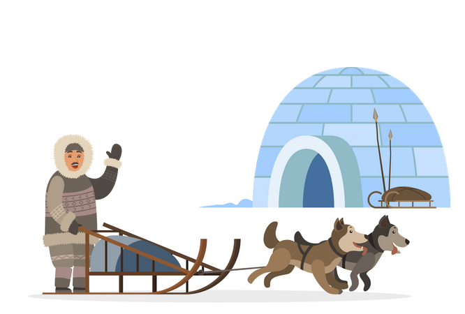 Inuit pasando trineos iglú con perro husky  Ilustración