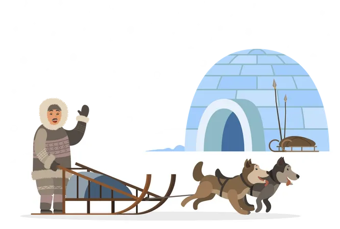 Persona Artica Que Utiliza Trineos Con Perros De Trineo Que Viajan Al Asentamiento De Inuits Personaje Saludando Con La Mano A La Casa Tiempo De Nieve En El Norte Esquimal Con Animales Domesticos Al Aire Libre Vector En Estilo Plano Ilustración