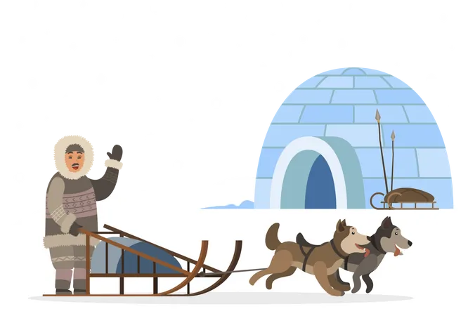 Inuits passant des traîneaux à igloos avec un chien Husky  Illustration