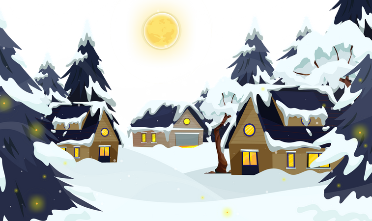 Inverno rural com casa  Ilustração