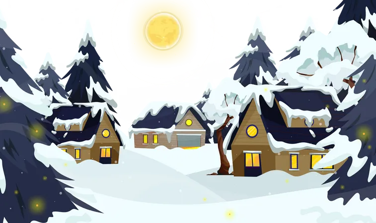 Inverno rural com casa  Ilustração