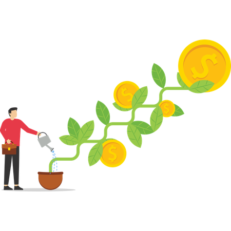 El inversor termina de regar la plántula en crecimiento de la planta del dinero con la flor de la moneda.  Ilustración