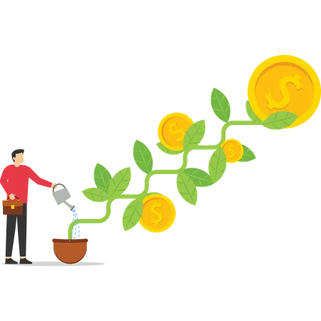 El inversor termina de regar la plántula en crecimiento de la planta del dinero con la flor de la moneda.  Ilustración