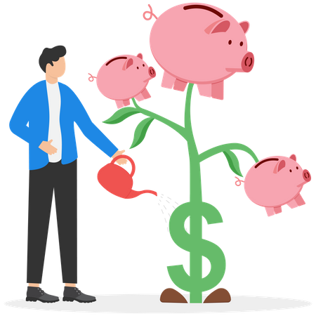 El inversionista termina de regar las plántulas de plantas de dinero en crecimiento con una flor de alcancía  Ilustración