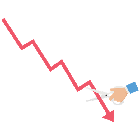 El inversor utiliza tijeras para cortar un gráfico del mercado de valores  Ilustración