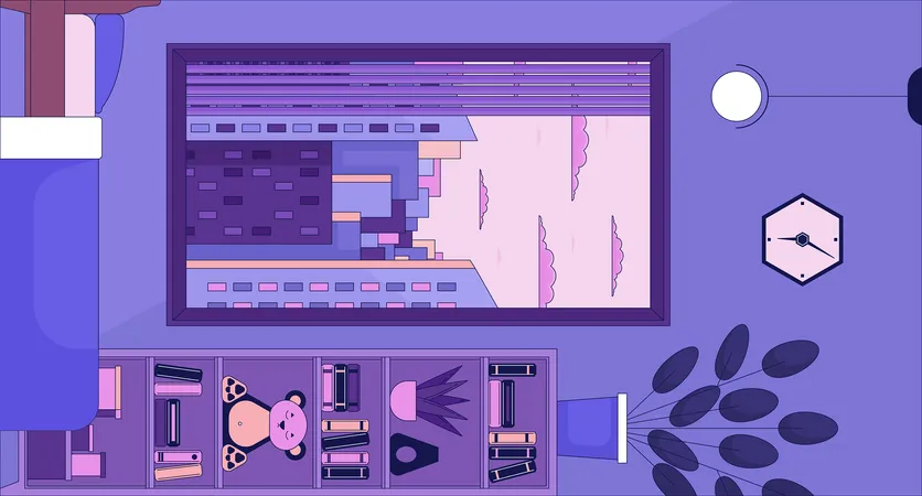 Inverted Room Cozy Interior 2 D Cartoon Background Late Afternoon Bedroom Turned 90 Degrees Colorful Aesthetic Vector Illustration Nobody Upside Down House Flat Line Wallpaper Art Lofi Image Illustration