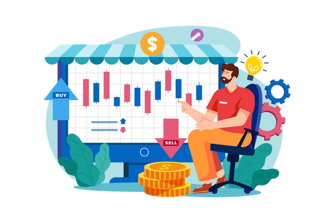 Investidor analisando o mercado de ações  Ilustração