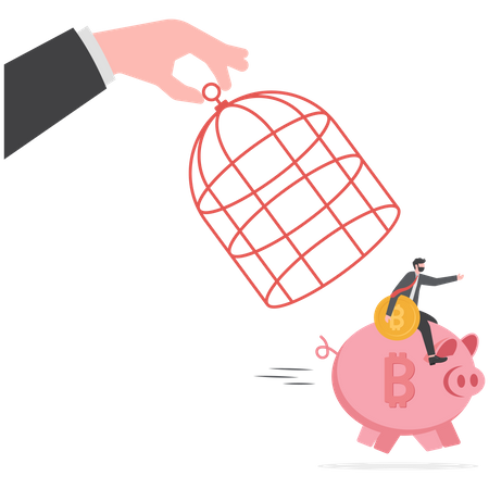 Investidor carregando bitcoin em um cofrinho foge da jaula do governo  Ilustração