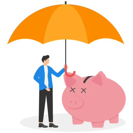 Investidor com dinheiro de segurança do cofrinho coberto por um grande guarda-chuva  Ilustração