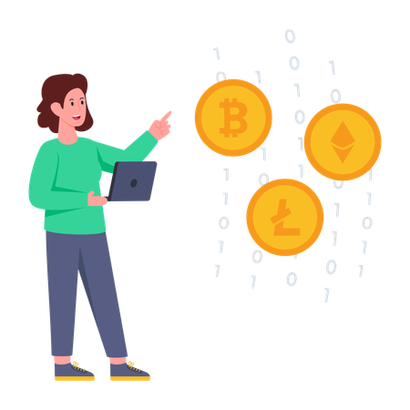 Investidor criptográfico com moedas digitais  Ilustração