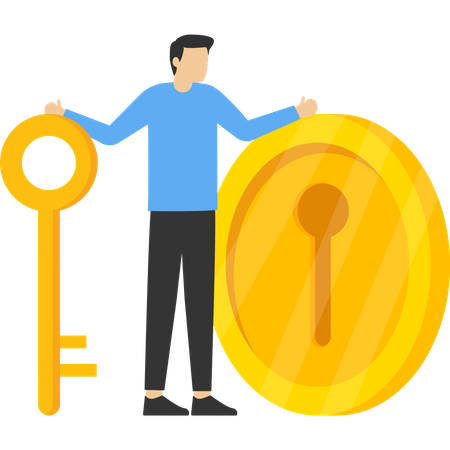 Investidor empresário inteligente segurando uma grande chave de ouro para abrir o buraco da fechadura da moeda  Ilustração