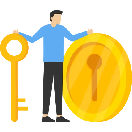 Investidor empresário inteligente segurando uma grande chave de ouro para abrir o buraco da fechadura da moeda  Ilustração