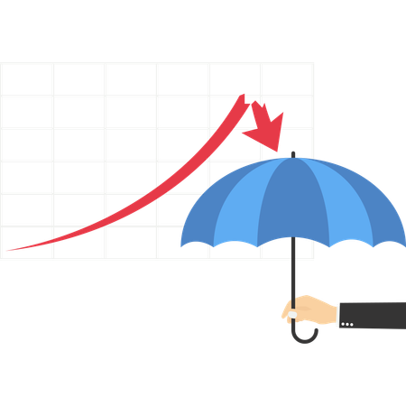 Investidor segurando guarda-chuva pronto para o gráfico de setas de baixa  Ilustração