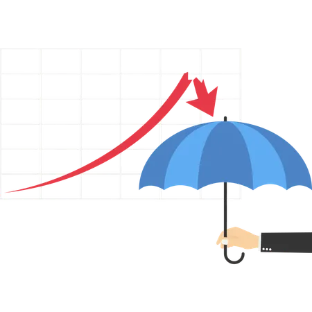 Investidor segurando guarda-chuva pronto para o gráfico de setas de baixa  Ilustração