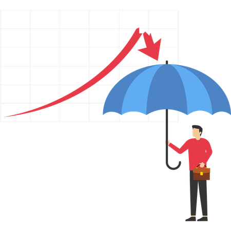 Investidor segurando guarda-chuva se protege de queda do mercado de ações  Ilustração