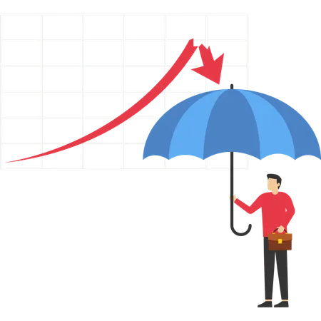 Investidor segurando guarda-chuva se protege de queda do mercado de ações  Ilustração