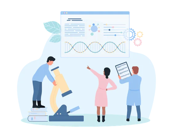 Investigación de ADN por científicos en laboratorio.  Ilustración