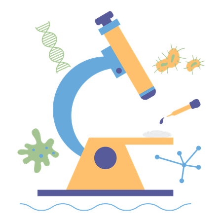 Investigación de microbiología con ADN de microscopio.  Ilustración