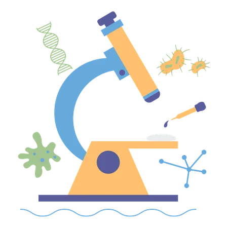 Investigación de microbiología con ADN de microscopio.  Ilustración