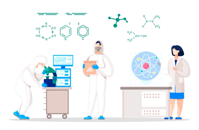 Investigadores en el laboratorio mientras realizan un experimento científico.  Ilustración