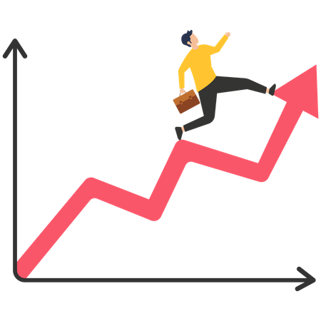 Crescimento do investimento, mercado de ações ou fundo, títulos, ouro, criptografia, moeda, negociação ou troca de moedas, empresário correndo em um gráfico de seta crescente, ilustração  Ilustração