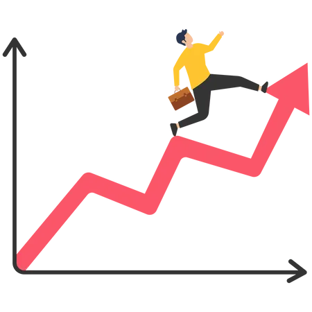 Crescimento do investimento, mercado de ações ou fundo, títulos, ouro, criptografia, moeda, negociação ou troca de moedas, empresário correndo em um gráfico de seta crescente, ilustração  Ilustração