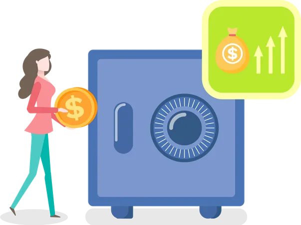 Woman With Money Vector Banking Service American Dollars Profit Of Deposit Lady Holding Coin Gold Financial Ass Carrying To Strongbox With Code イラスト