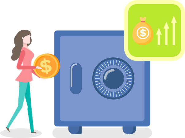 Investing Woman Standing Strongbox and Gold Coin  Illustration