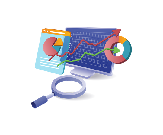 Ordinateur professionnel d'analyse de données commerciales d'investissement en ligne  Illustration