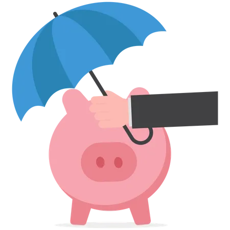 Investisseur de confiance avec son argent de sécurité tirelire couvert par un grand parapluie  Illustration