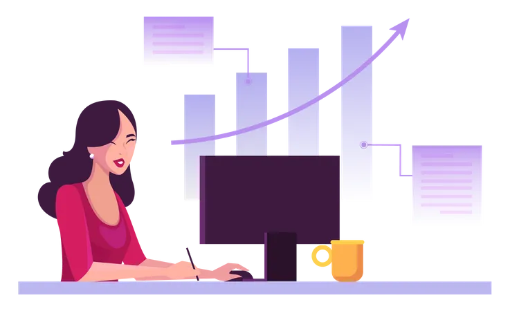 Investisseur féminin négociant en bourse sur ordinateur  Illustration